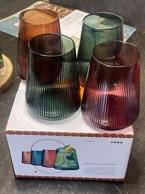 KHEN Tonal Ribbed Stemless Wine Glassware - Set of 4